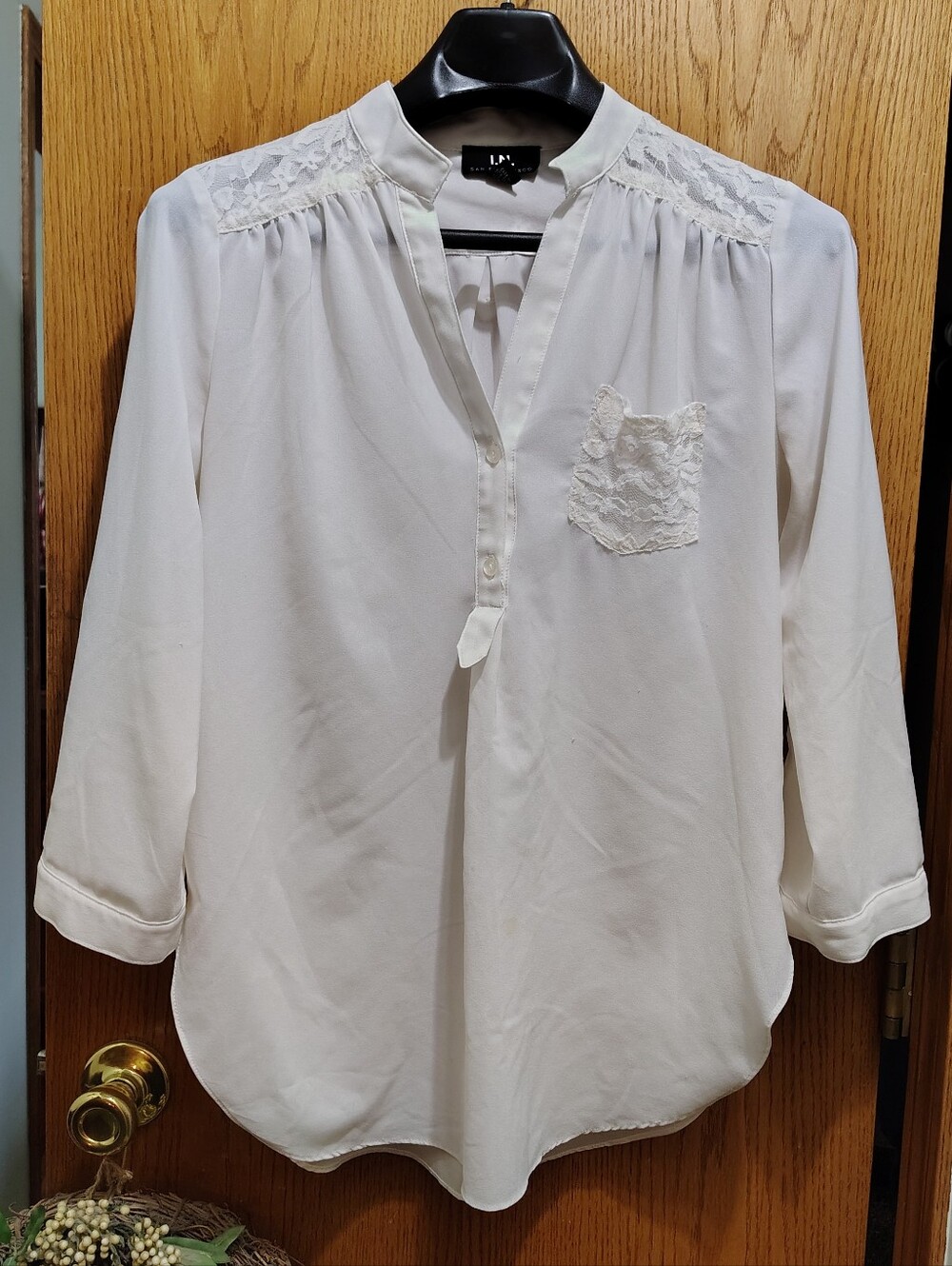 I.N. San Francisco Cream Lace-Yoke V-Neck Blouse